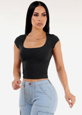 Stretchy Cap Sleeve Square Neck Top Charcoal