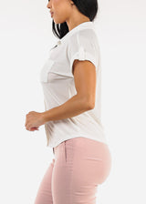 Short Sleeve Button Up Stretch Collared Blouse White