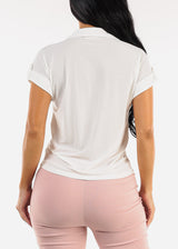 Short Sleeve Button Up Stretch Collared Blouse White