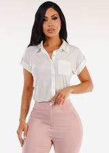 Short Sleeve Button Up Stretch Collared Blouse White