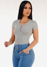 Stretchy Short Sleeve Ribbed Top Grey