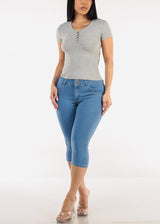 Stretchy Short Sleeve Ribbed Top Grey
