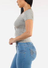 Stretchy Short Sleeve Ribbed Top Grey