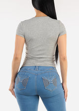 Stretchy Short Sleeve Ribbed Top Grey