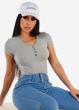 Stretchy Short Sleeve Ribbed Top Grey