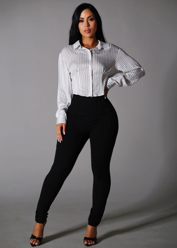 White Long Sleeve Button Up Stripe Collared Blouse