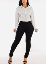 White Long Sleeve Button Up Stripe Collared Blouse