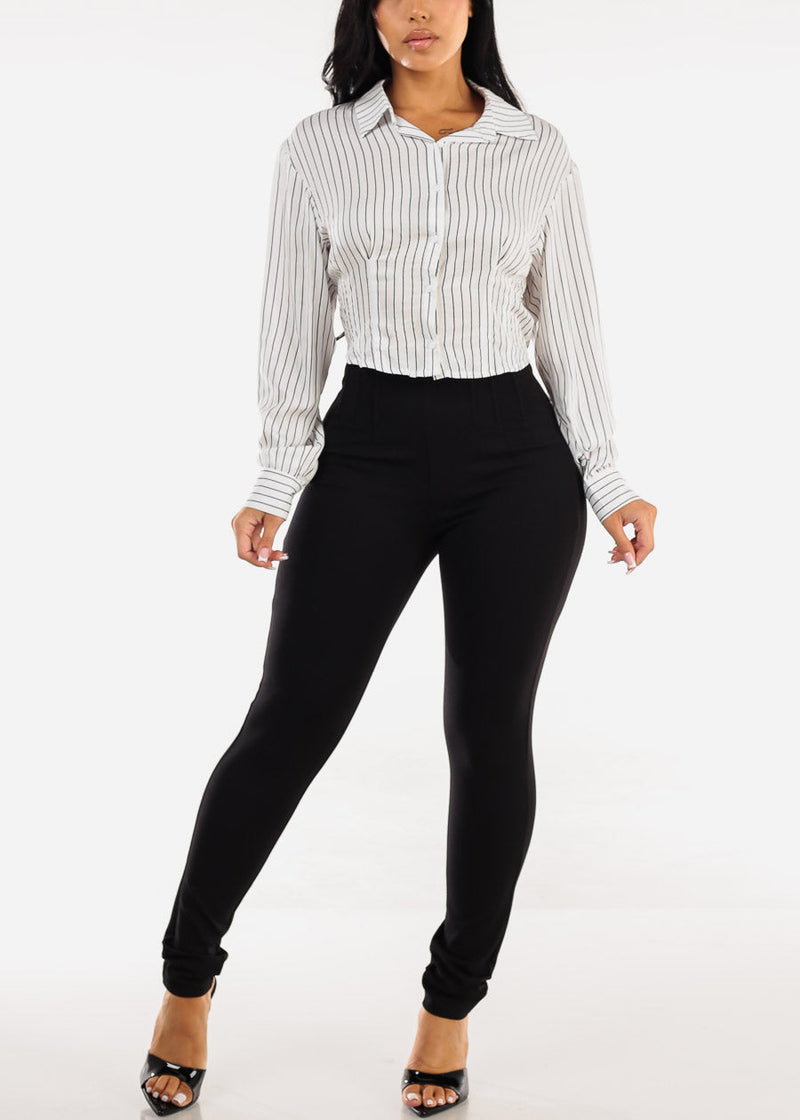 White Long Sleeve Button Up Stripe Collared Blouse