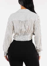 White Long Sleeve Button Up Stripe Collared Blouse