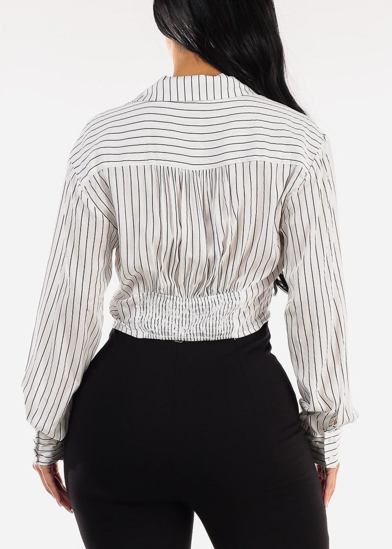 White Long Sleeve Button Up Stripe Collared Blouse
