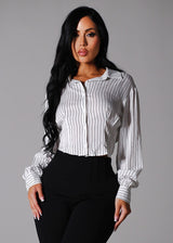 White Long Sleeve Button Up Stripe Collared Blouse