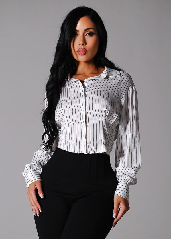 White Long Sleeve Button Up Stripe Collared Blouse