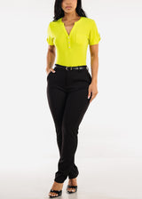 Short Sleeve Half Button Up Blouse Lime