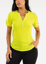 Short Sleeve Half Button Up Blouse Lime