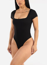 Black Square Neck Ribbed Thong Bodysuit