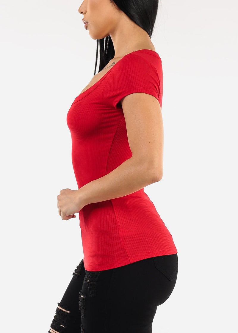 Short Sleeve Round Neck Stretch Ribbed Top Red