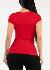 Short Sleeve Round Neck Stretch Ribbed Top Red