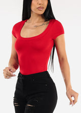 Short Sleeve Round Neck Stretch Ribbed Top Red