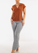 Cuffed Short Sleeve Vneck Stretch Blouse Rust