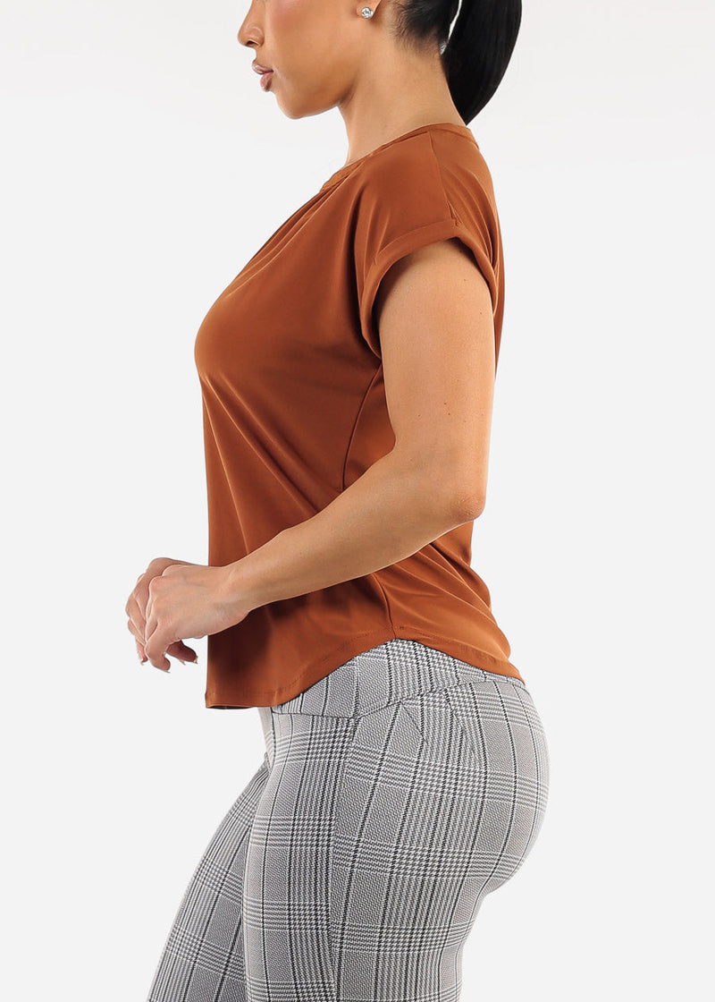 Cuffed Short Sleeve Vneck Stretch Blouse Rust