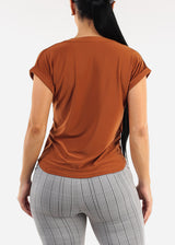 Cuffed Short Sleeve Vneck Stretch Blouse Rust