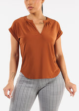 Cuffed Short Sleeve Vneck Stretch Blouse Rust