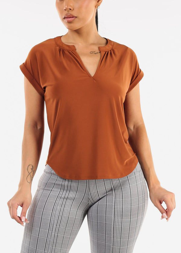 Cuffed Short Sleeve Vneck Stretch Blouse Rust