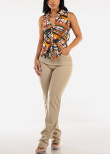 Sleeveless Button Up Ruched Printed Blouse Multicolor