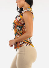 Sleeveless Button Up Ruched Printed Blouse Multicolor