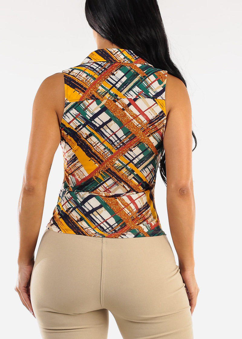 Sleeveless Button Up Ruched Printed Blouse Multicolor