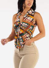 Sleeveless Button Up Ruched Printed Blouse Multicolor