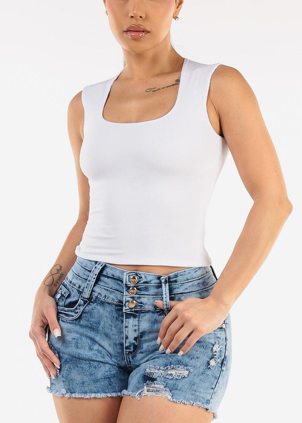 Sleeveless Square Neck Ribbed Top White