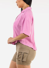Short Sleeve Button Up Woven Shirt Pink