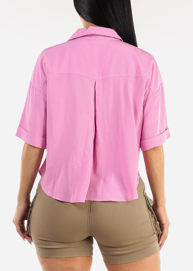 Short Sleeve Button Up Woven Shirt Pink