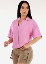 Short Sleeve Button Up Woven Shirt Pink