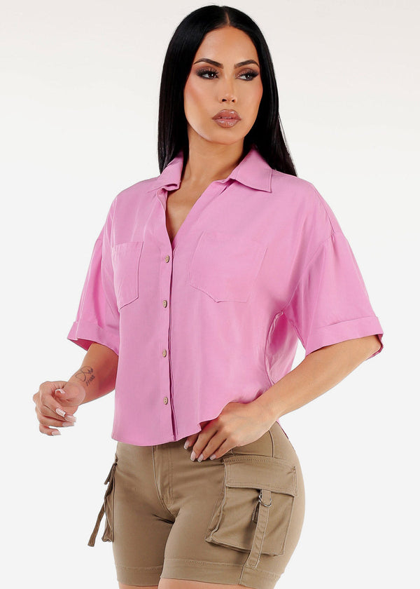 Short Sleeve Button Up Woven Shirt Pink