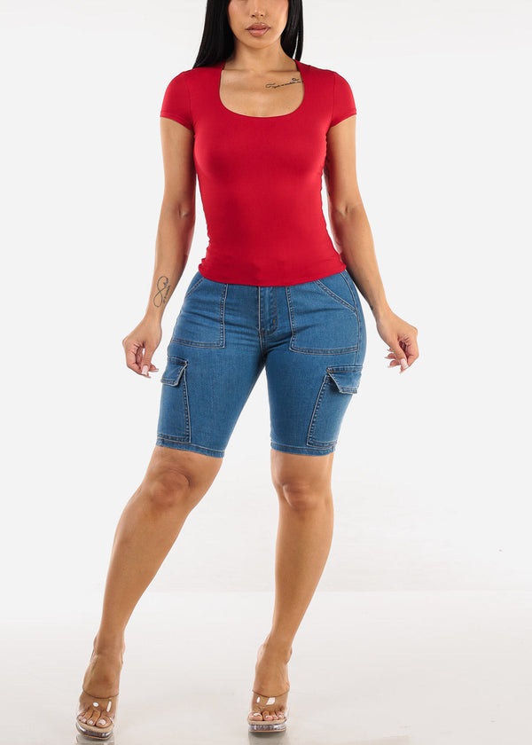 Stretchy Short Sleeve Square Neck Top Red