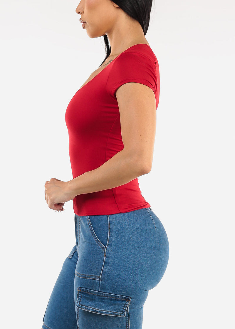 Stretchy Short Sleeve Square Neck Top Red