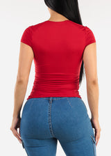 Stretchy Short Sleeve Square Neck Top Red