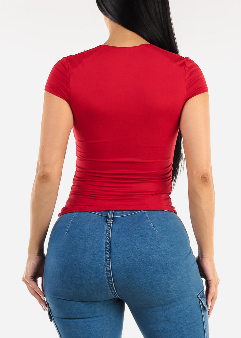 Stretchy Short Sleeve Square Neck Top Red