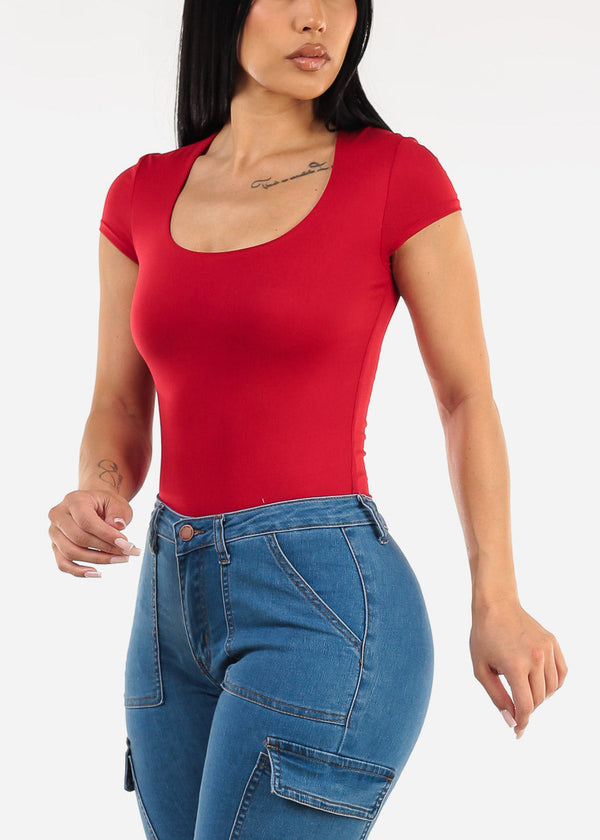 Stretchy Short Sleeve Square Neck Top Red