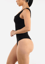 Black Sleeveless Vneck Ribbed Thong Bodysuit