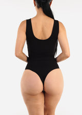 Black Sleeveless Vneck Ribbed Thong Bodysuit