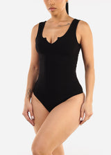 Black Sleeveless Vneck Ribbed Thong Bodysuit
