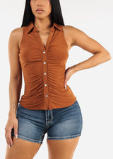 Ruched Sleeveless Collared Blouse Light Brown