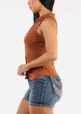 Ruched Sleeveless Collared Blouse Light Brown
