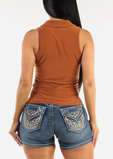 Ruched Sleeveless Collared Blouse Light Brown