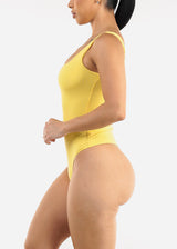 Wide Square Neck Ribbed Thong Bodysuit Yellow