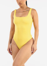 Wide Square Neck Ribbed Thong Bodysuit Yellow