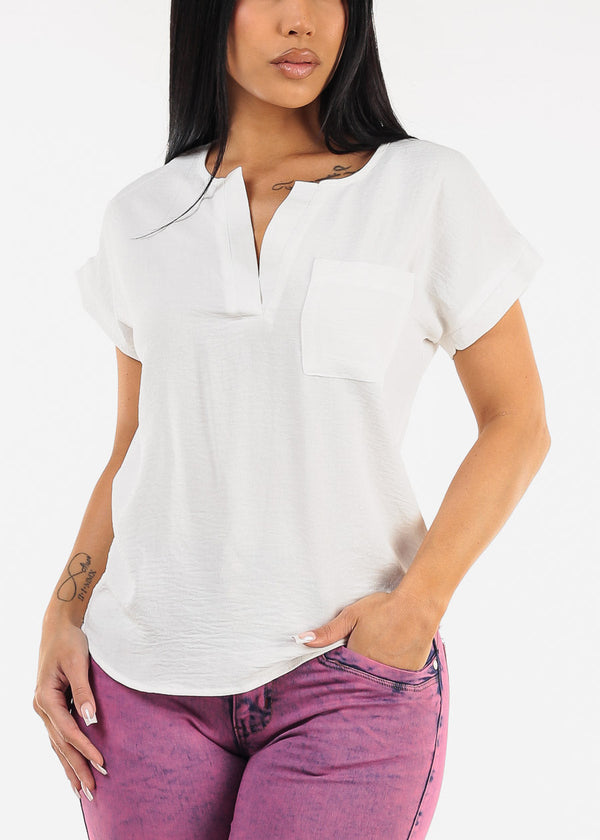 Casual Short Sleeve Vneck White Blouse